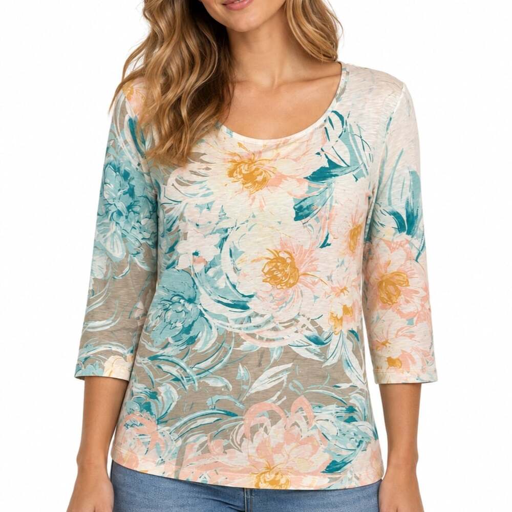 Chico's Floral Scoop Neck 3/4 Sleeve Top Blue Pink Yellow